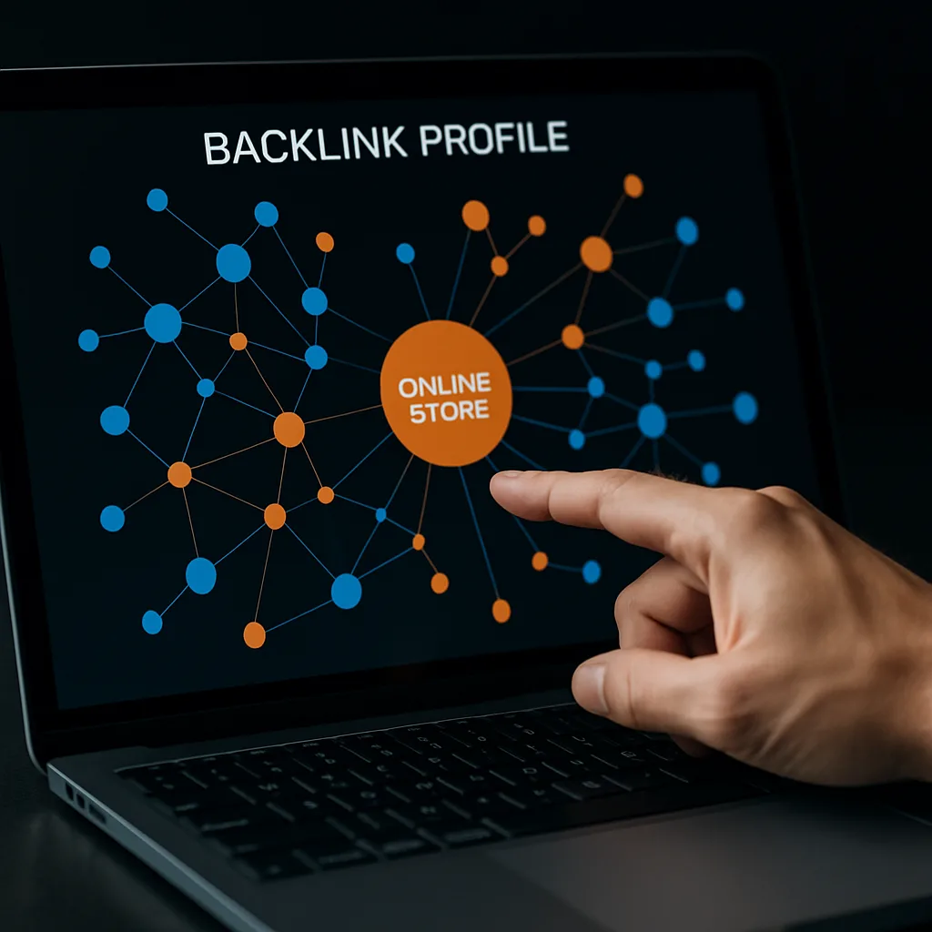 Visualisation du profil de liens entrants et backlinks d'un site e-commerce sur ordinateur portable